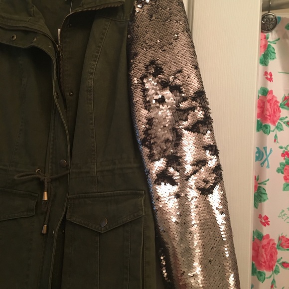 Army Green with Sequin Arms Jacket / Coat - Picture 2 of 7